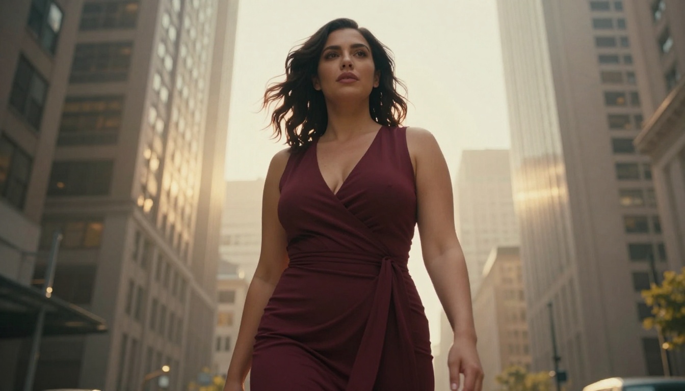 Confident curvy woman in a burgundy wrap dress against a city backdrop, low-angle shot with golden light streaming between buildings