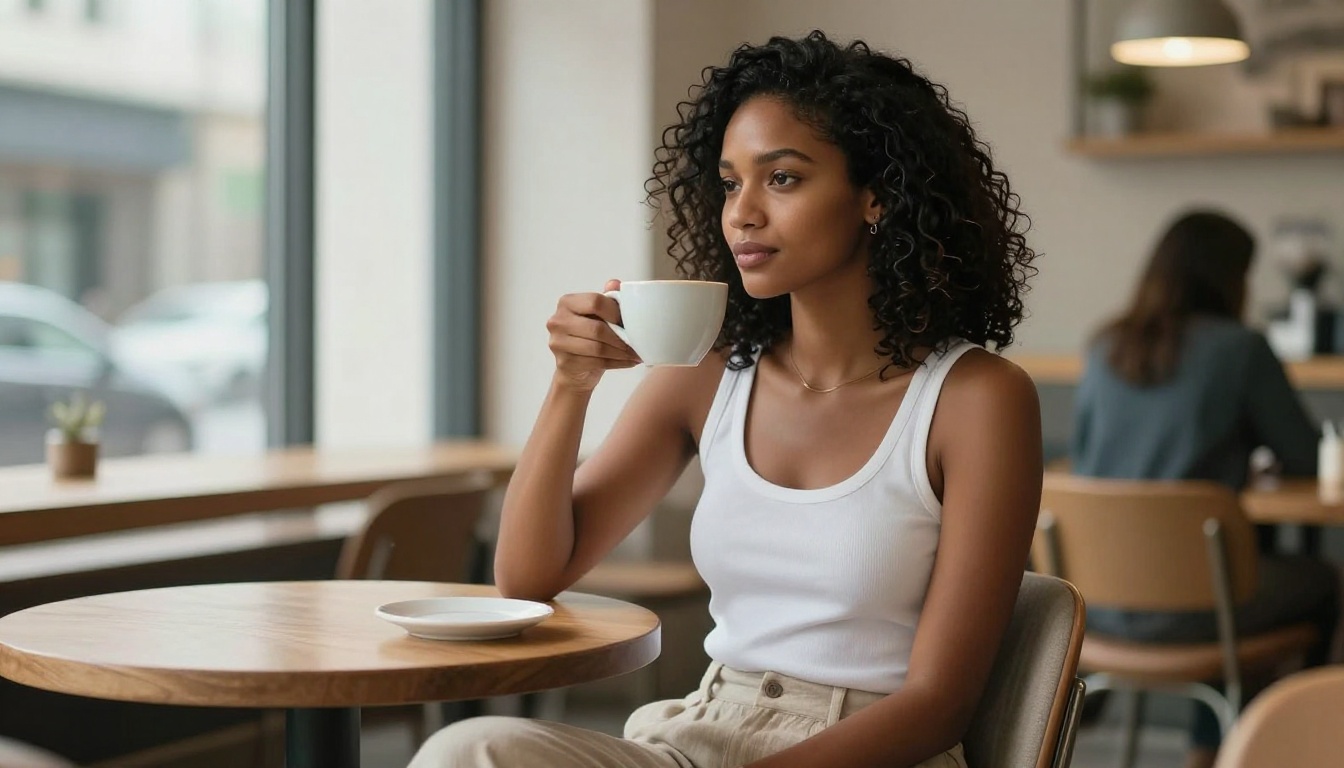 A confident woman with glossy dark skin and natural coiled hair sitting at a minimalist wooden café table holding a coffee cup in soft window light