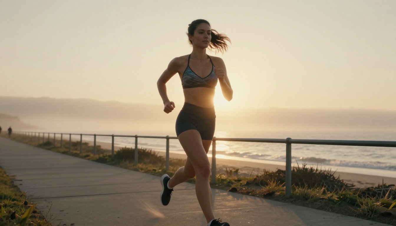 Athletic woman jogging on coastal boardwalk at golden hour with natural motion blur