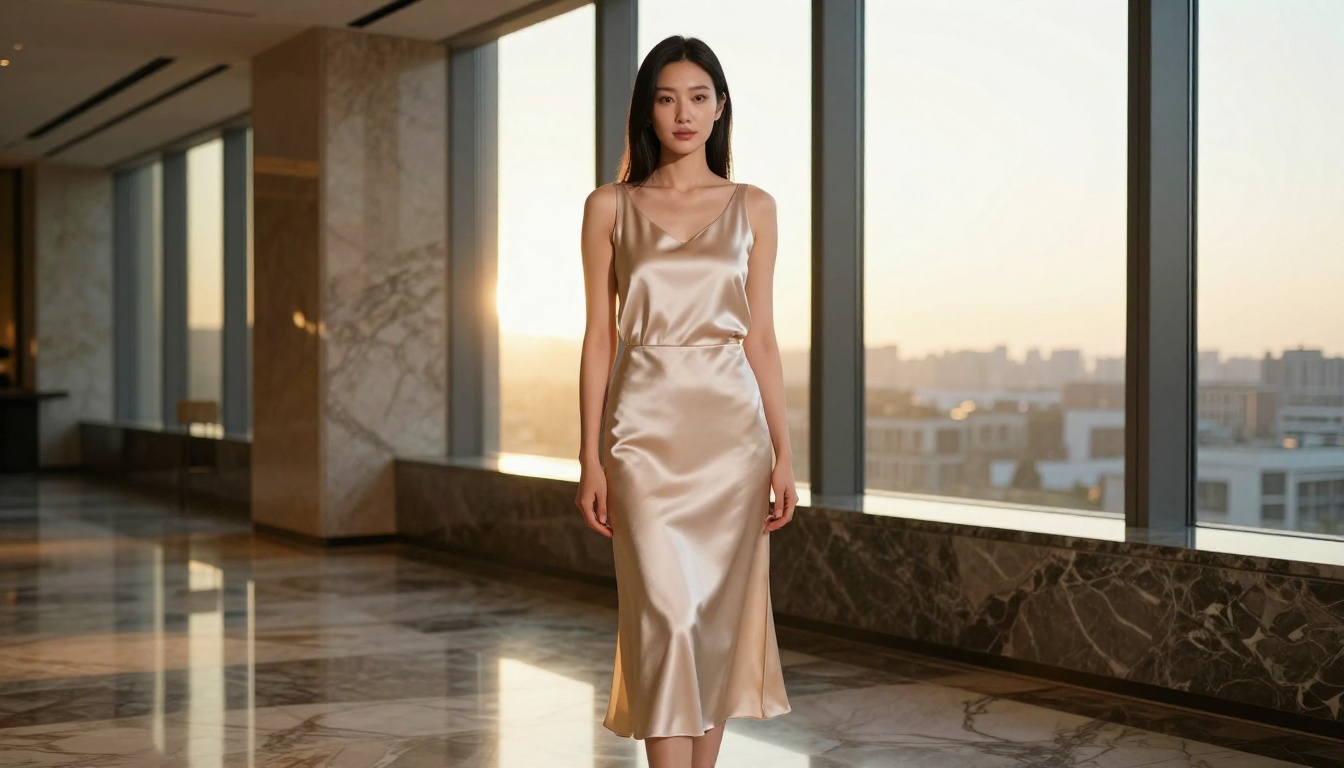 A woman with East Asian features wearing an elegant sleeveless silk midi dress standing in a modern hotel lobby with tall windows and warm backlight