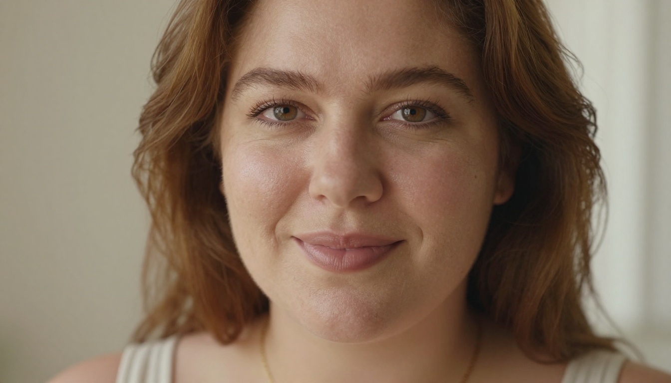 Close-up portrait of a curvy woman with auburn waves and natural skin texture, soft window light from the right