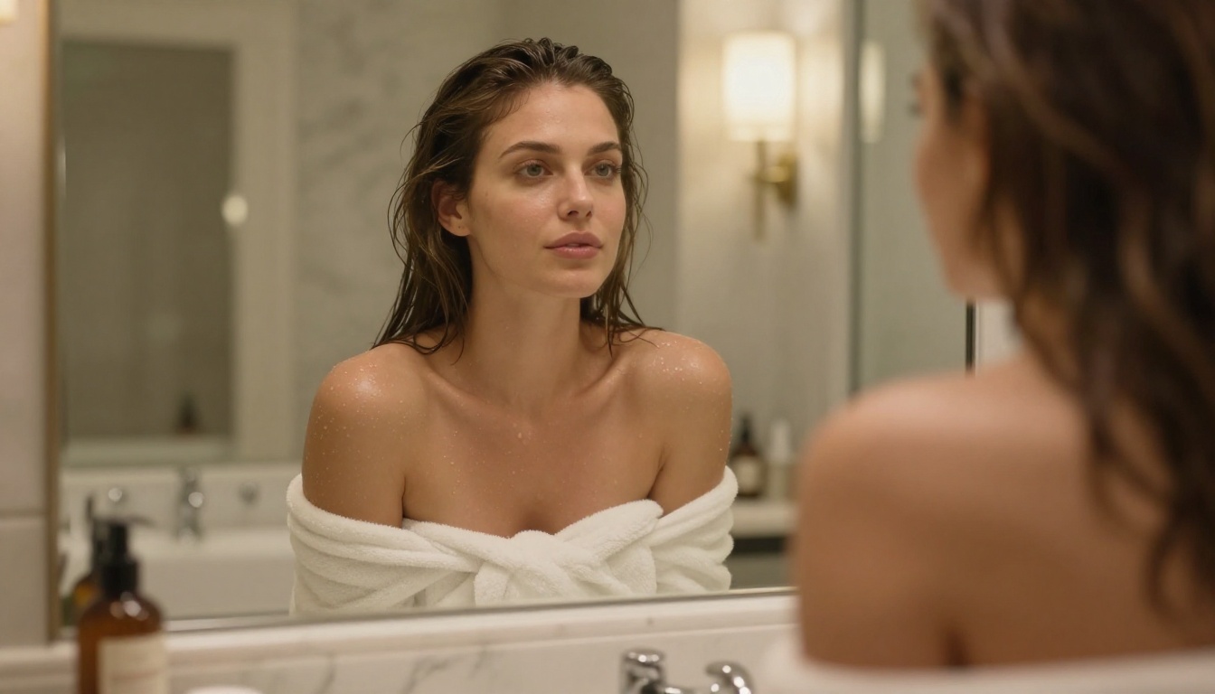 Curvy woman draped in a white towel in a luxury hotel bathroom, steam-fogged mirror, warm vanity lighting