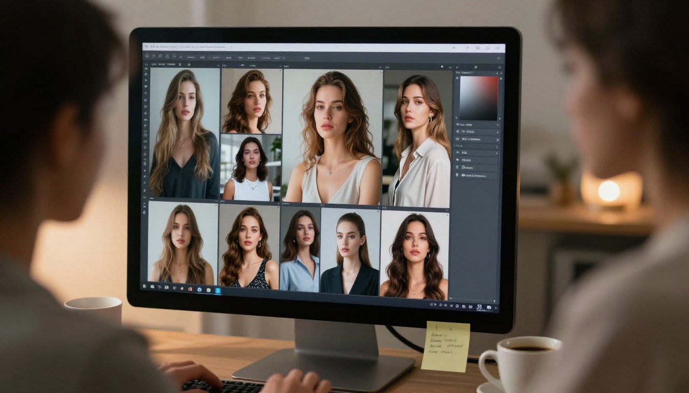 Multiple AI-generated curvy character outputs displayed on a screen, creative workspace with coffee and notes