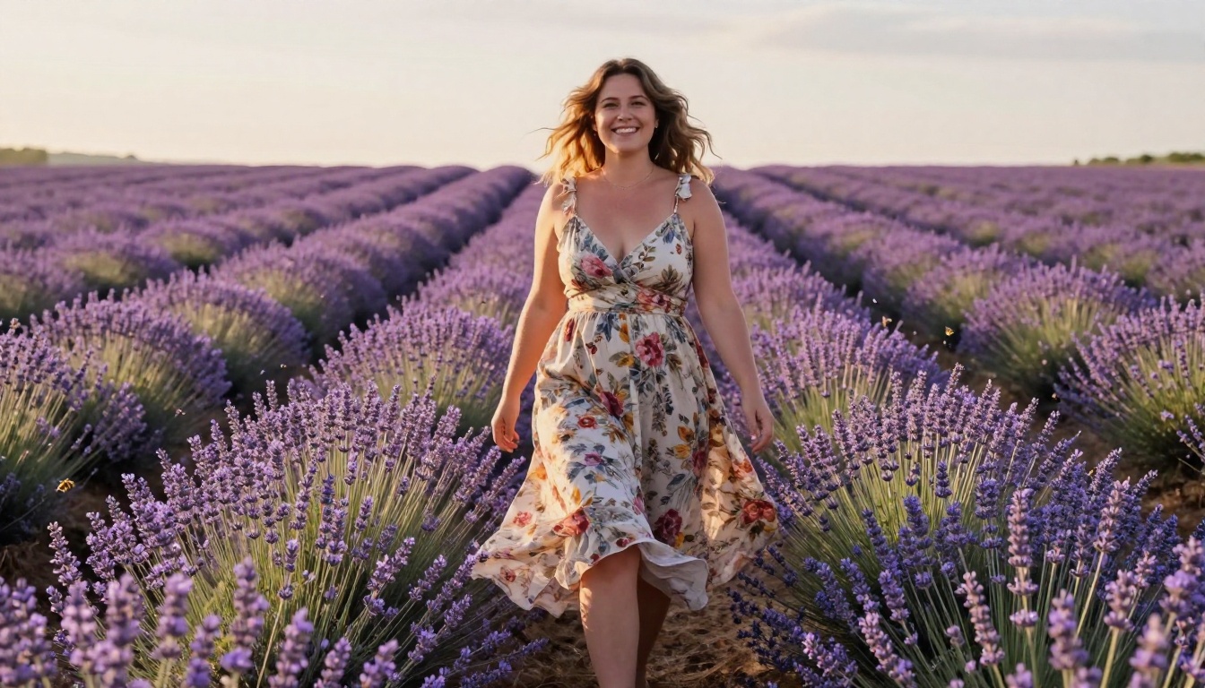 Curvy woman in a floral sundress in a sunlit lavender field, loose beach waves catching the afternoon light