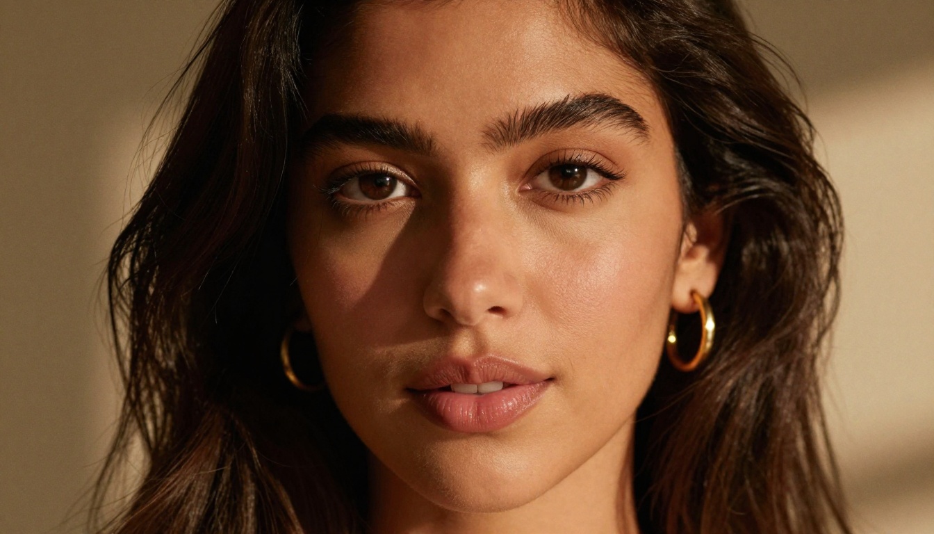Intimate close-up portrait of a beautiful woman with South American features, soft tawny skin, full lips, and a warm playful expression wearing delicate gold hoop earrings