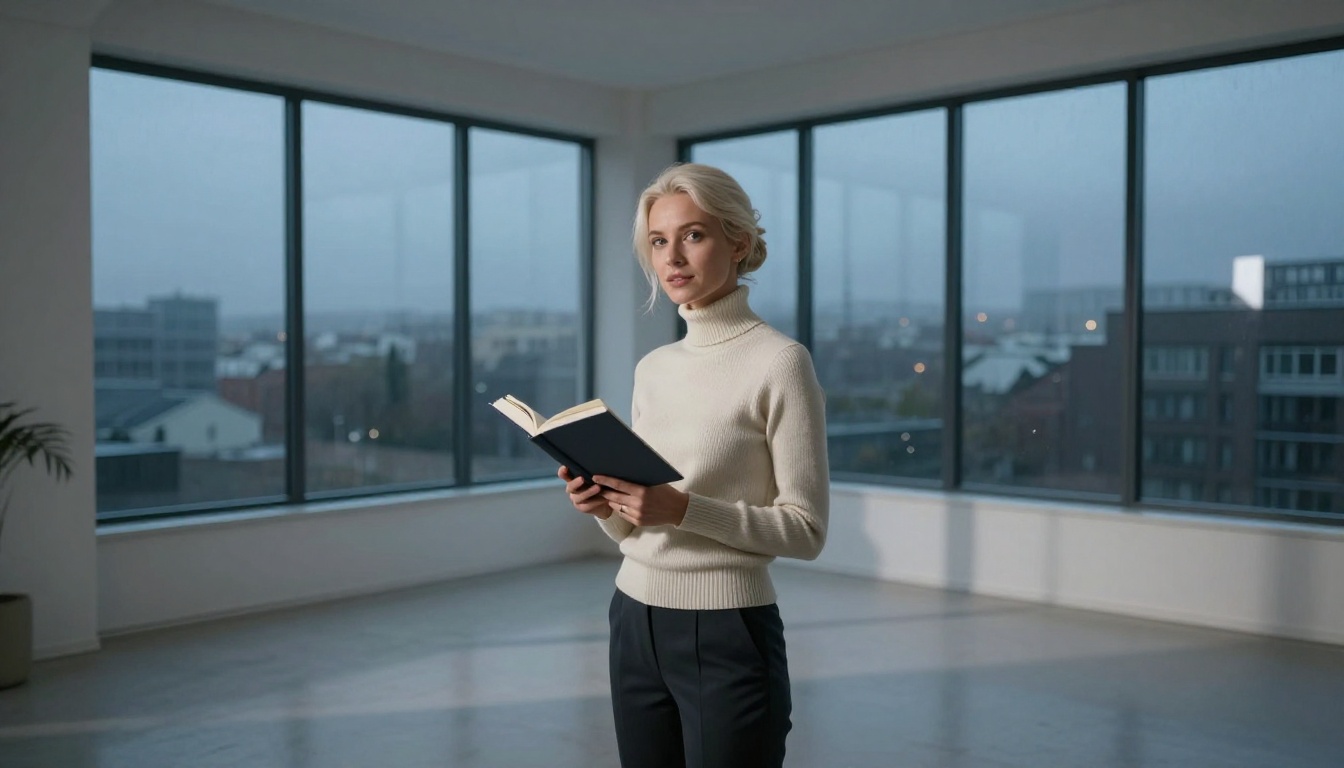 A beautiful woman with platinum blonde hair in a neat bun wearing a cream turtleneck sweater standing in a spacious apartment with floor-to-ceiling windows overlooking a rainy city at dusk