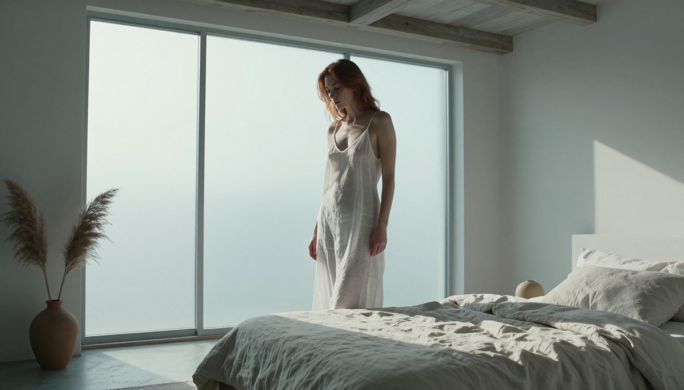 Confident woman with auburn hair in a sheer linen slip dress, minimalist Scandinavian bedroom with diffused morning window light, editorial photography