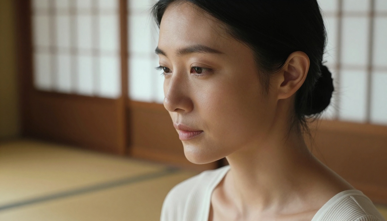 Woman with East Asian features in shoji-lit Kyoto tea house interior, white ribbed crop top, warm tatami ambient light, close-up portrait with natural skin detail
