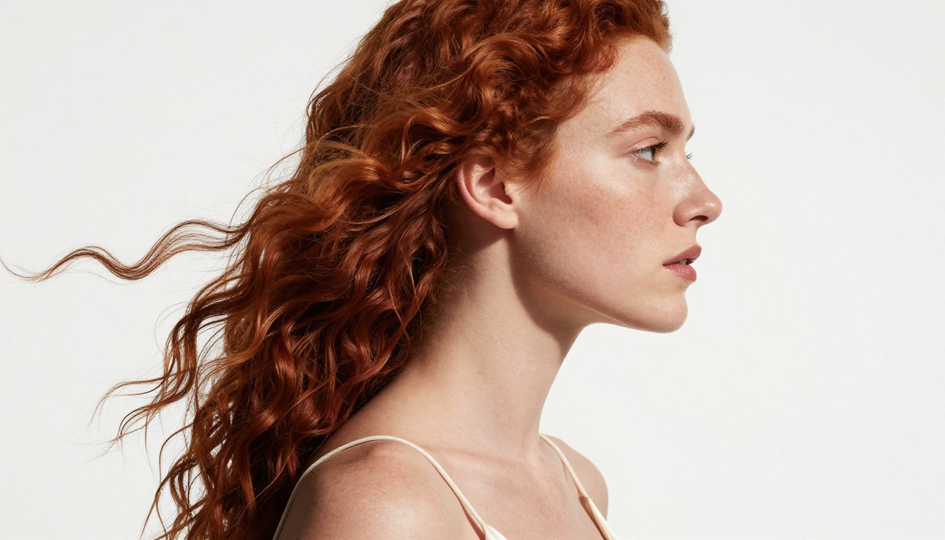 Artistic side-profile studio portrait of curly red-haired woman, crisp Rembrandt lighting on pure white background, ultra-sharp photorealistic skin and hair rendering