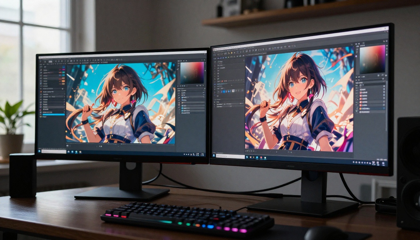 AI creative workspace with dual monitors displaying anime artwork