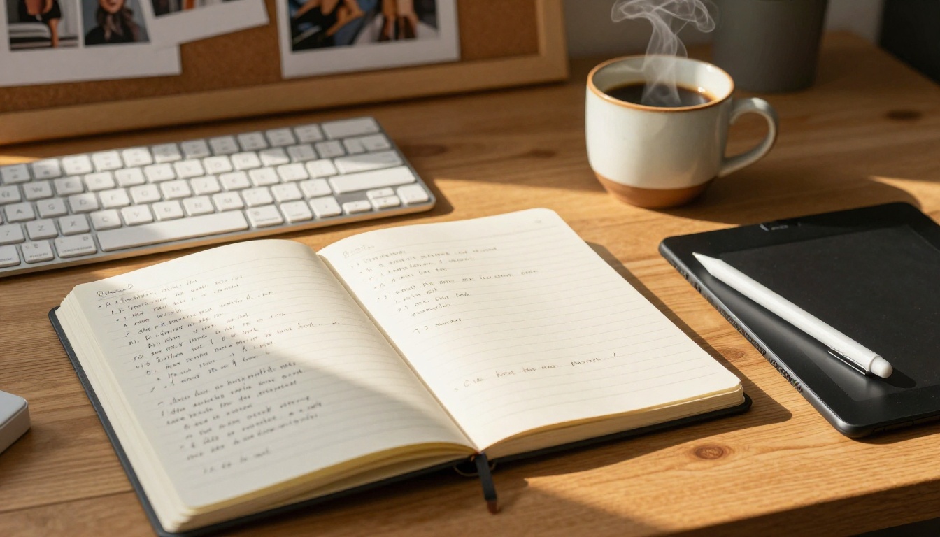 Artist's prompt notes and creative workspace flat-lay overhead shot