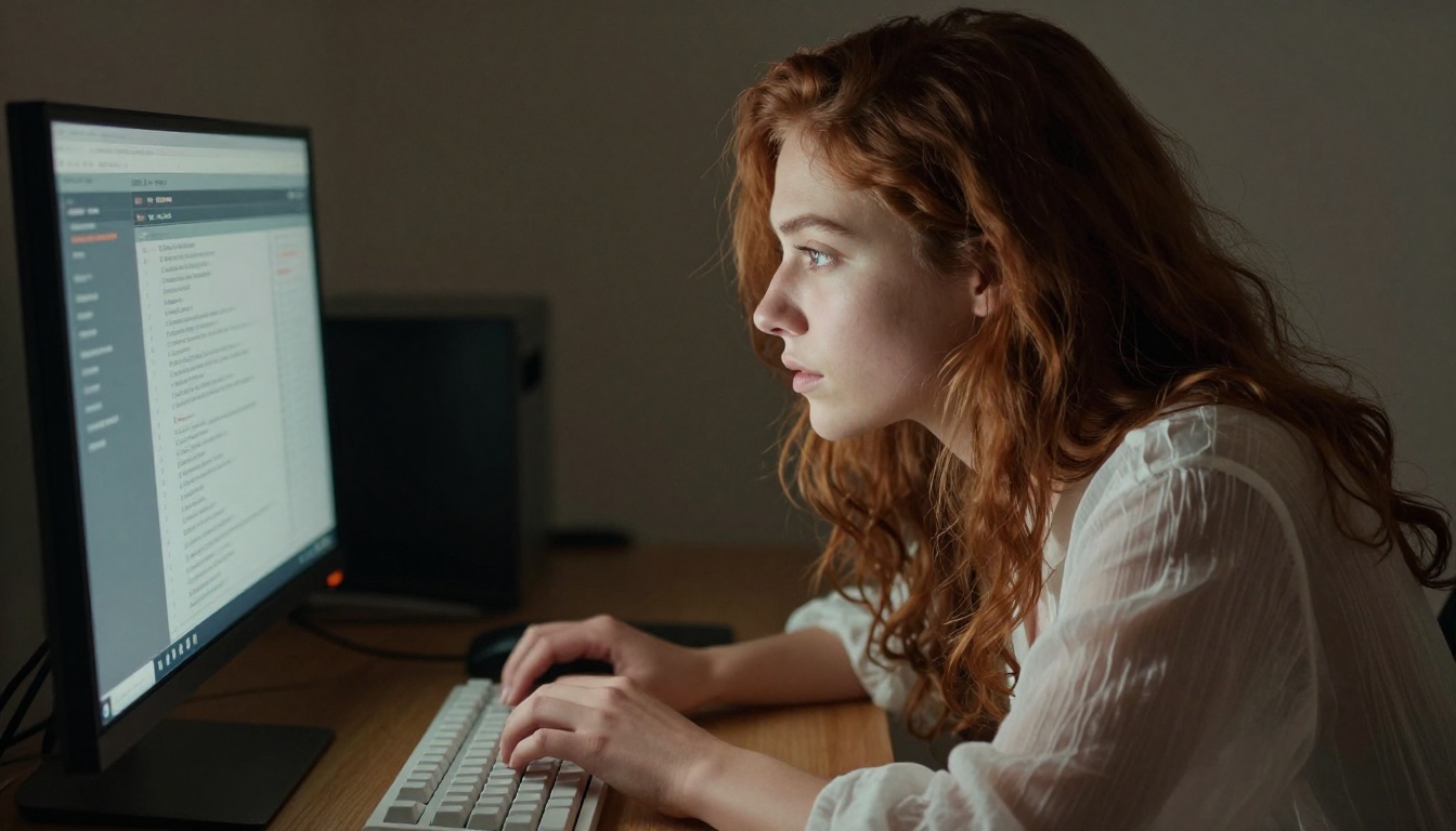 Focused artist working at keyboard in warm dramatic low-key lighting