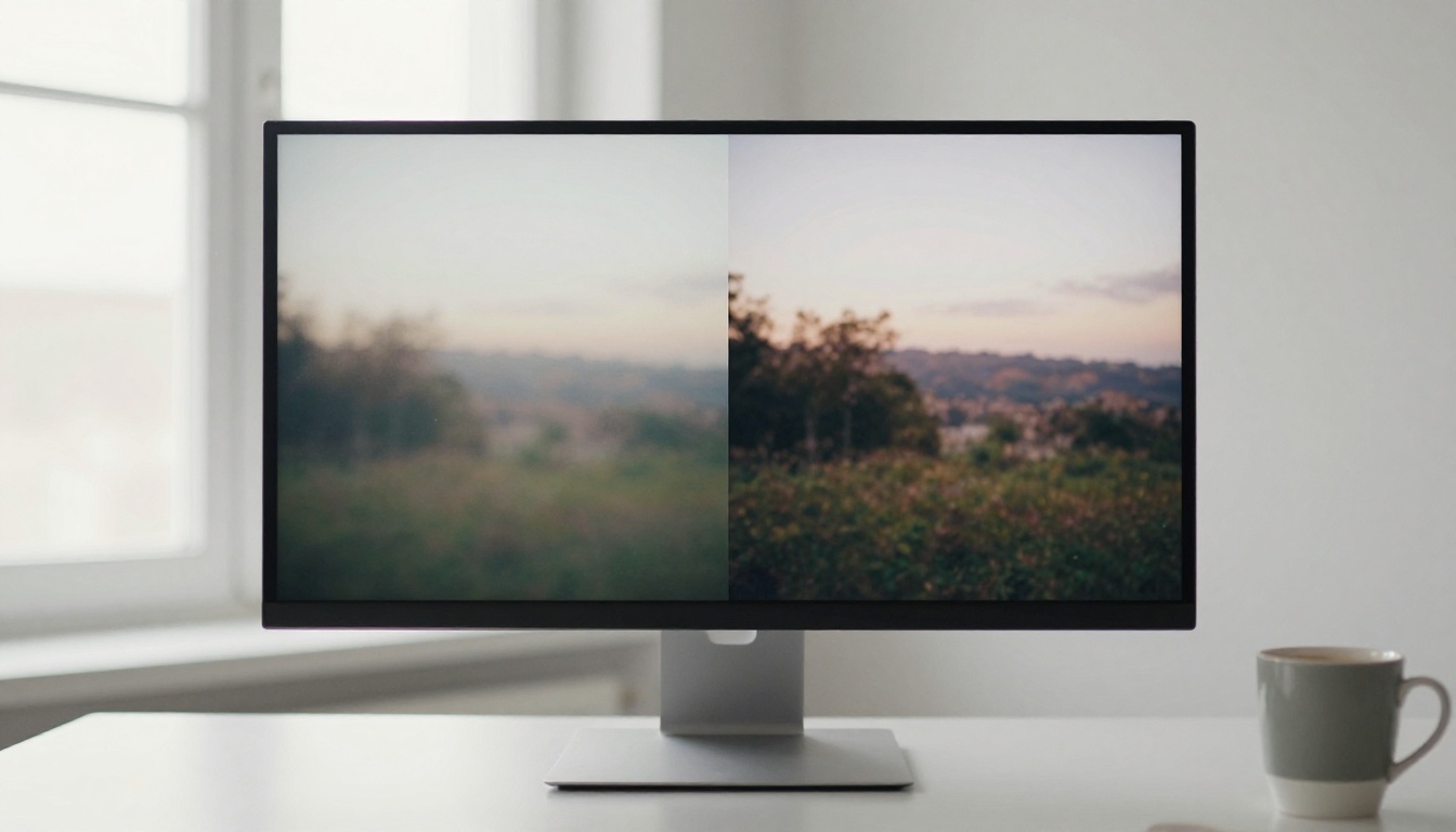 Before and after upscaling comparison displayed side by side on a 4K monitor