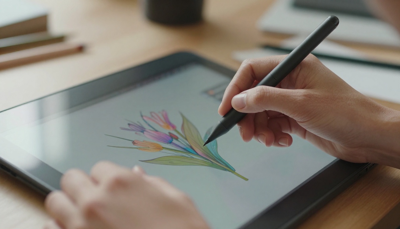 Close-up macro shot of hands using stylus on glowing drawing tablet