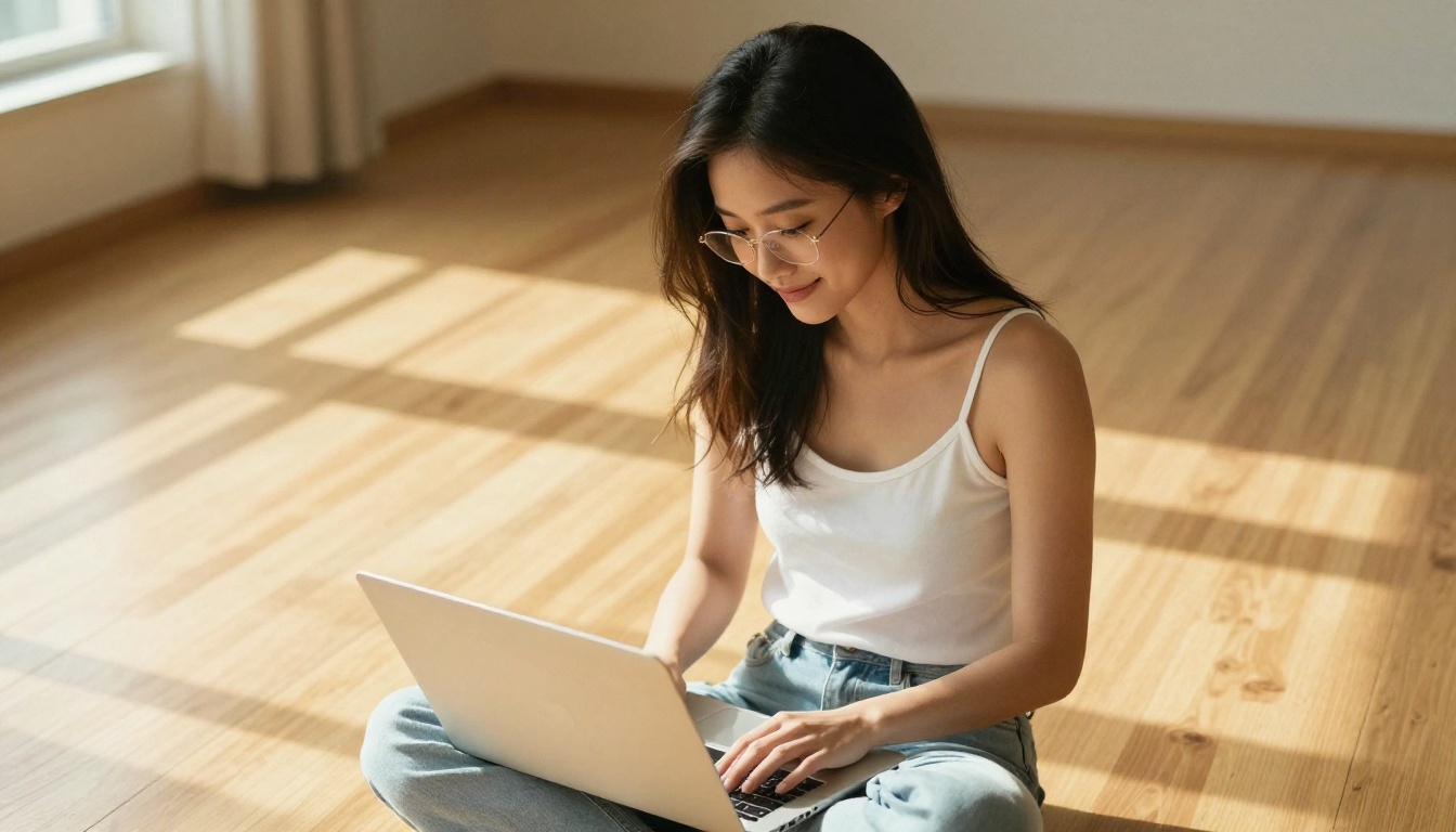 Young woman with laptop sitting on studio floor in warm golden afternoon light