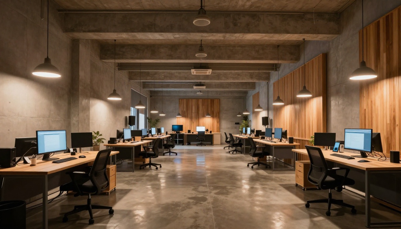 Wide establishing shot of a modern professional creative studio with multiple workstations
