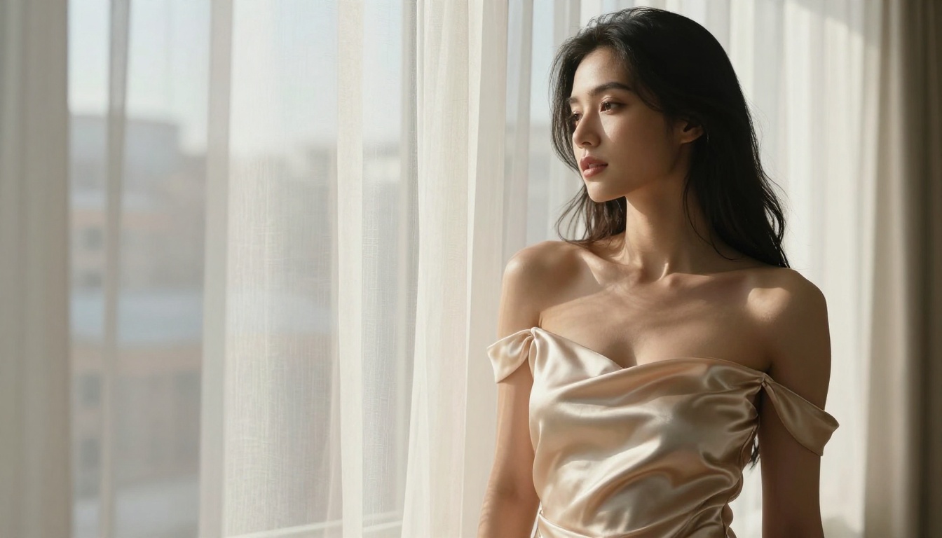 Beautiful woman in elegant champagne satin dress near window in soft morning light