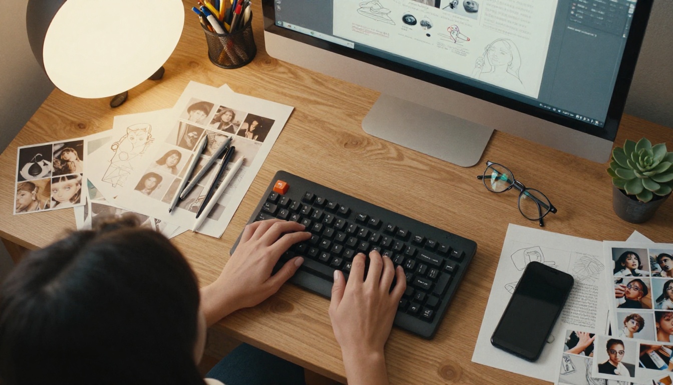 Overhead bird's-eye view of a creative workspace with hands typing on keyboard
