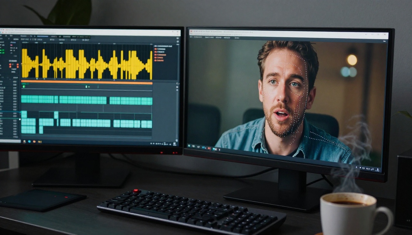 AI lipsync editing workstation with audio waveform monitors AI lipsync editing workstation with audio waveform monitors