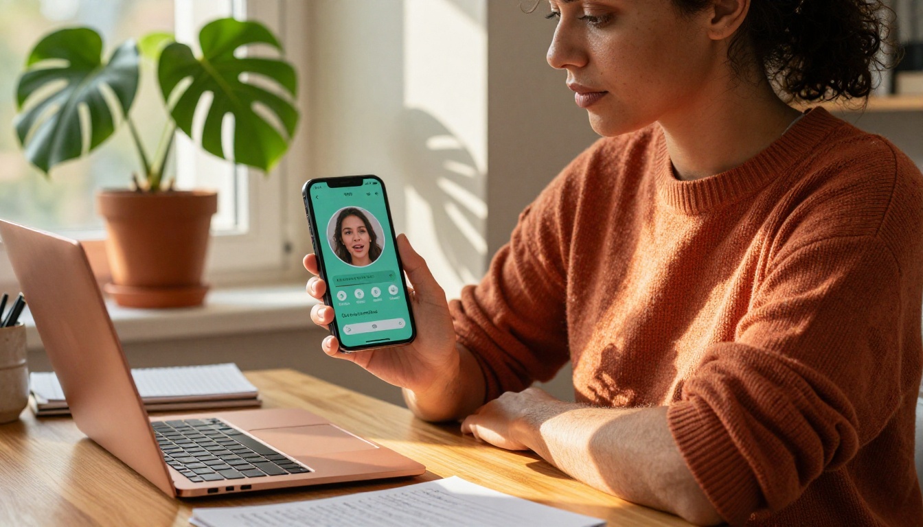 Woman holding smartphone with talking avatar interface at home desk Woman holding smartphone with talking avatar interface at home desk