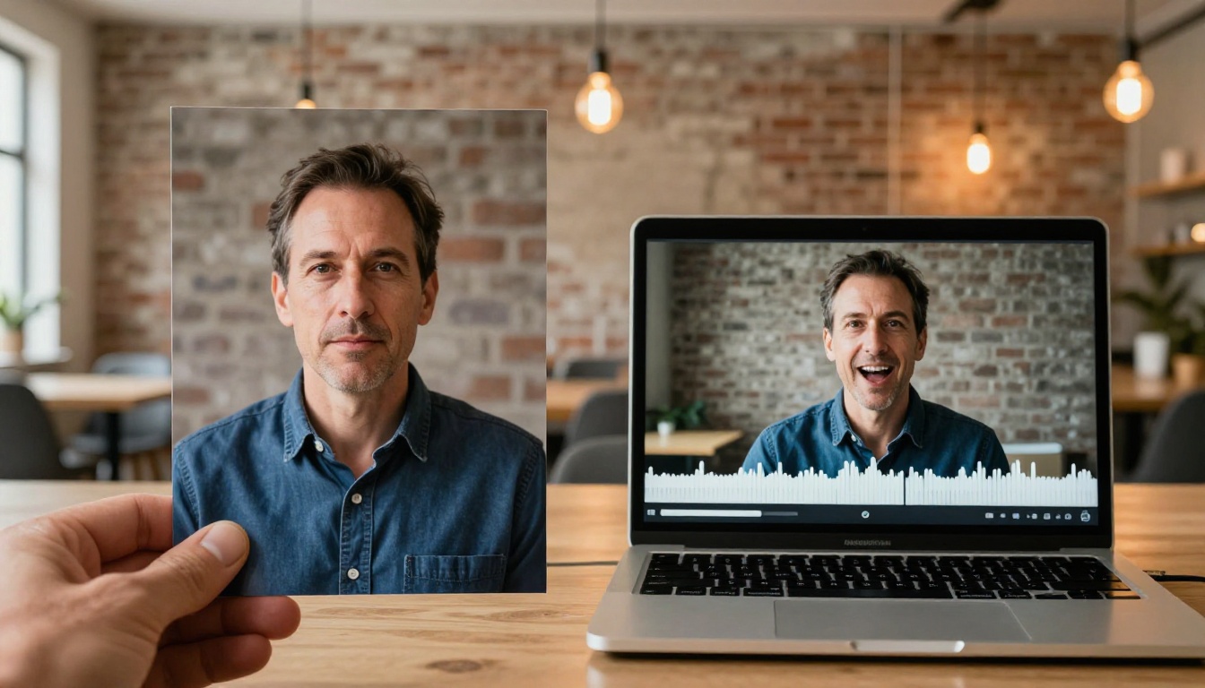Before and after: static photo versus animated talking video on laptop screen Before and after: static photo versus animated talking video on laptop screen