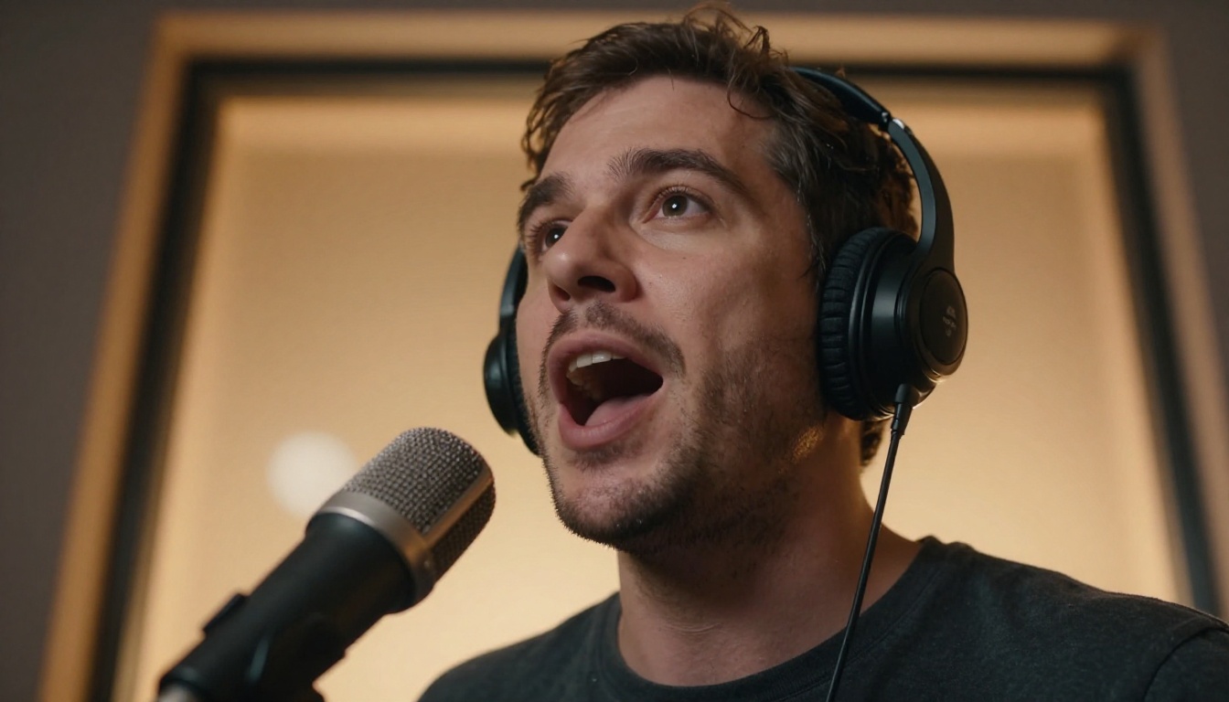 Professional voice recording studio, low-angle portrait with microphone headset Professional voice recording studio, low-angle portrait with microphone headset