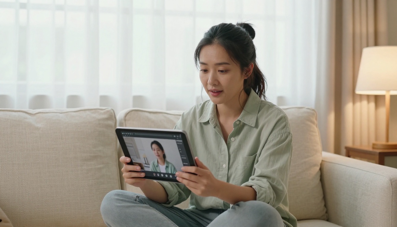 Woman on sofa watching her own talking avatar video on tablet Woman on sofa watching her own talking avatar video on tablet