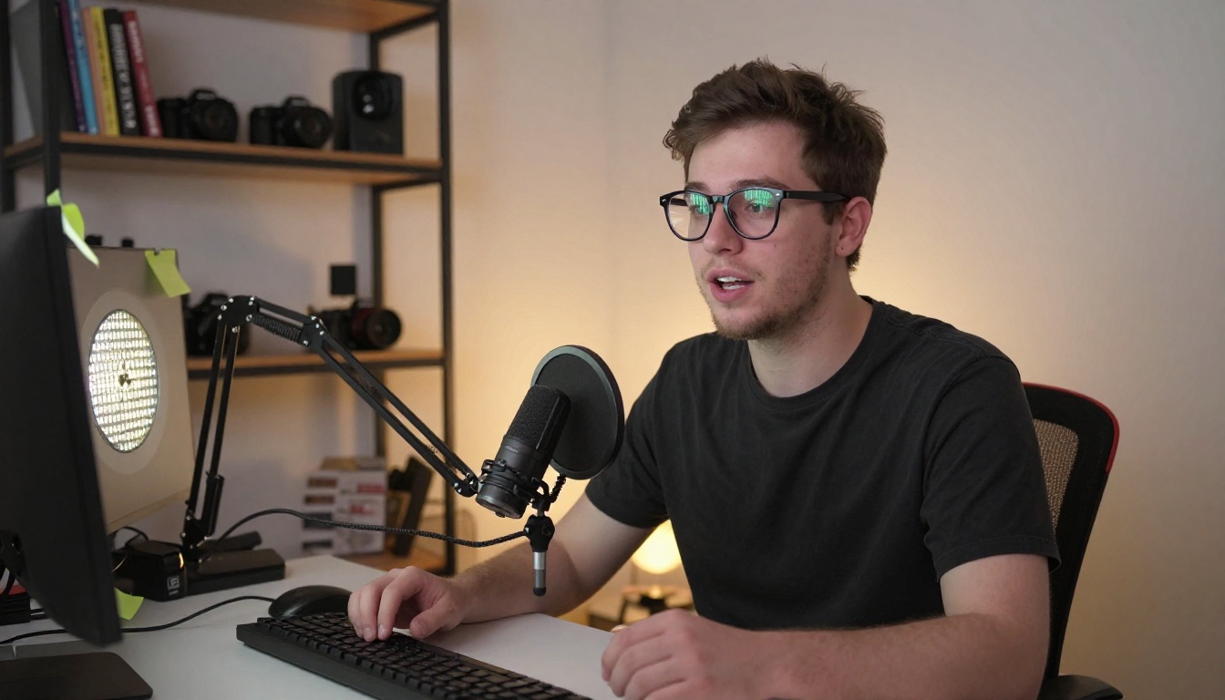 Young male content creator recording social video at home studio desk Young male content creator recording social video at home studio desk