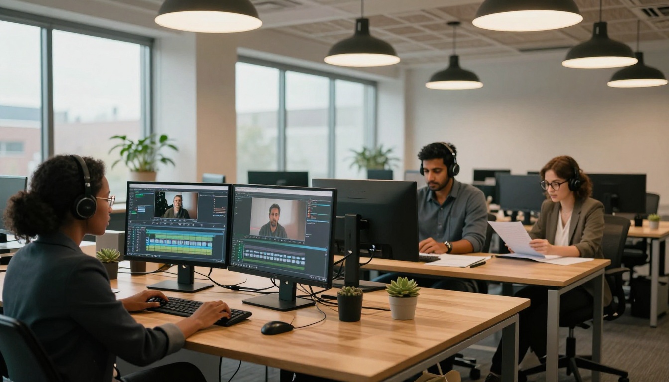Media agency team working on video production at multiple workstations, warm office lighting Media agency team working on video production at multiple workstations, warm office lighting