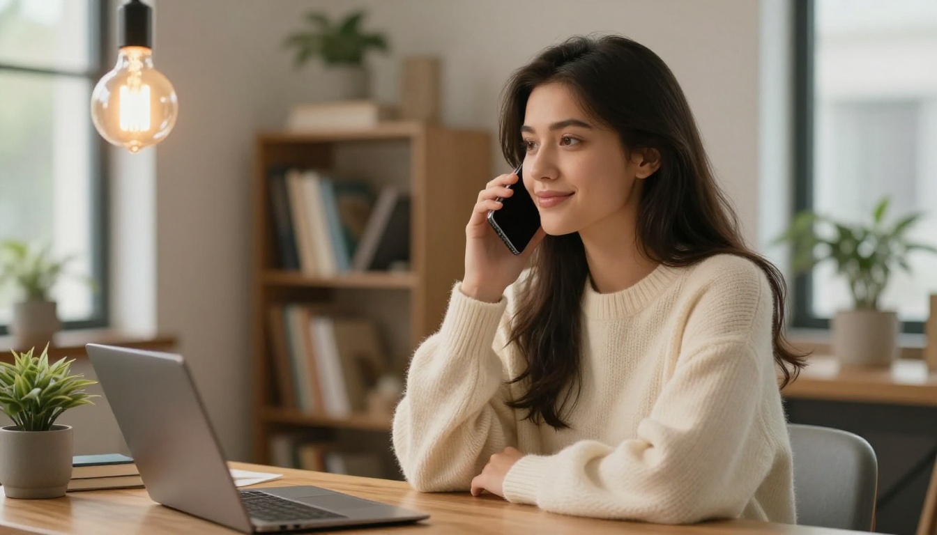 Woman at cozy desk talking on smartphone, warm Edison bulb lighting, home office