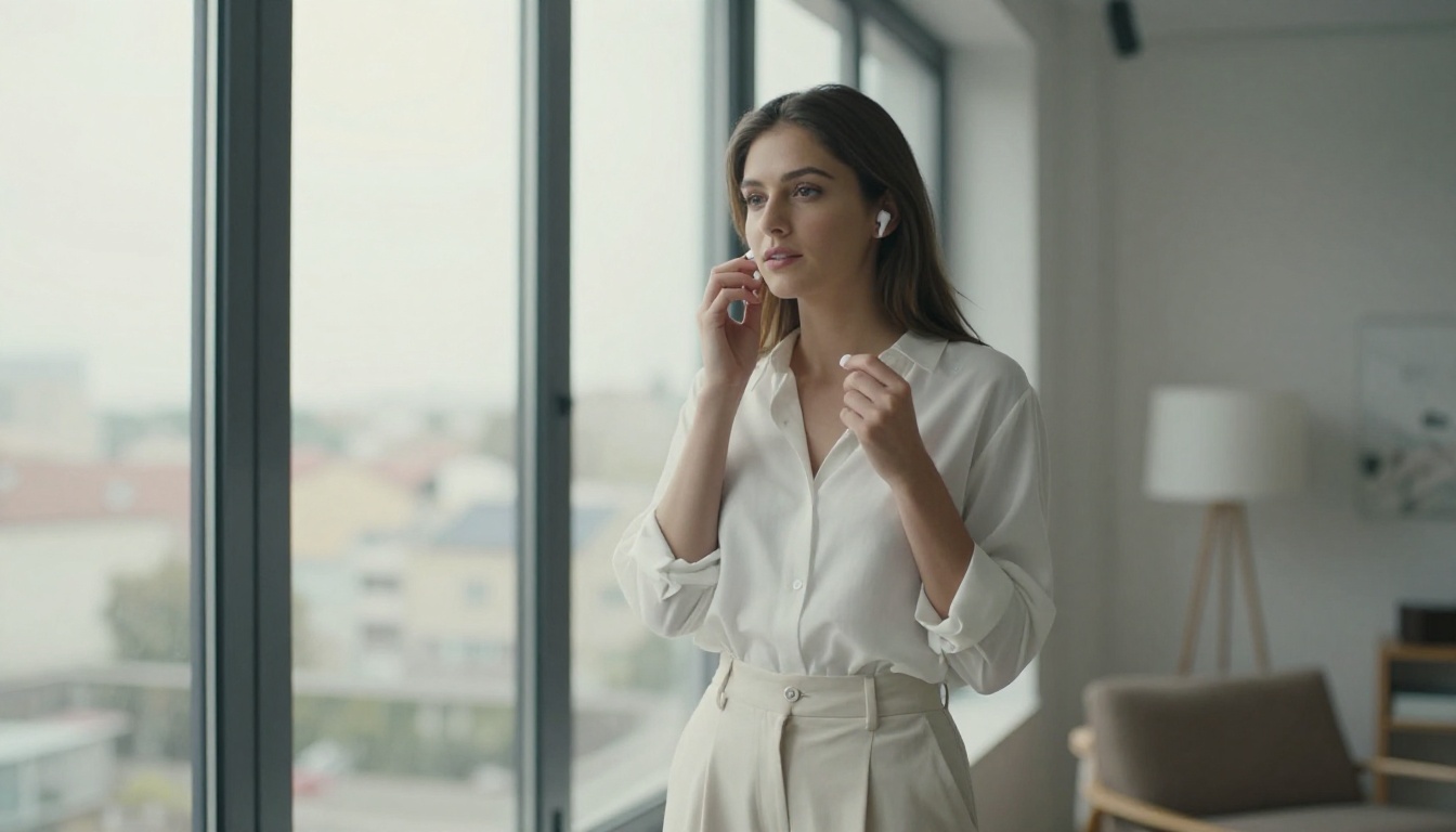 Woman in flowing white blouse standing near large studio windows, bright natural light, Scandi decor