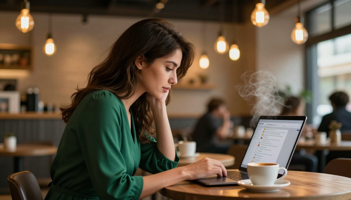 Woman at café table with laptop showing chat interface, warm Edison bulb lighting