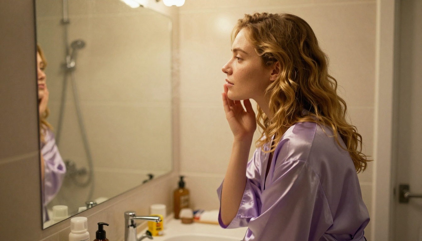 Woman with honey-blonde hair in satin robe by bathroom mirror, warm morning light