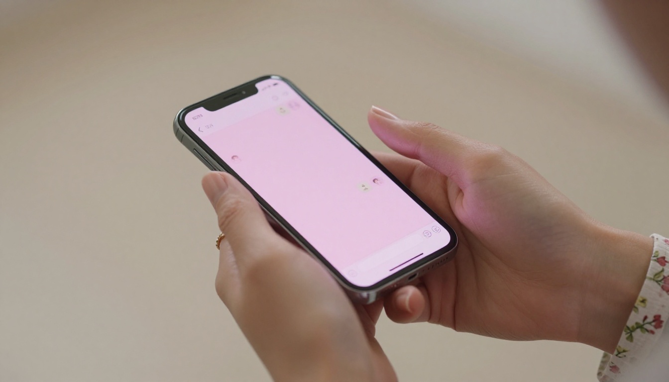 Feminine hands holding a glowing smartphone with chat interface, macro detail, warm light