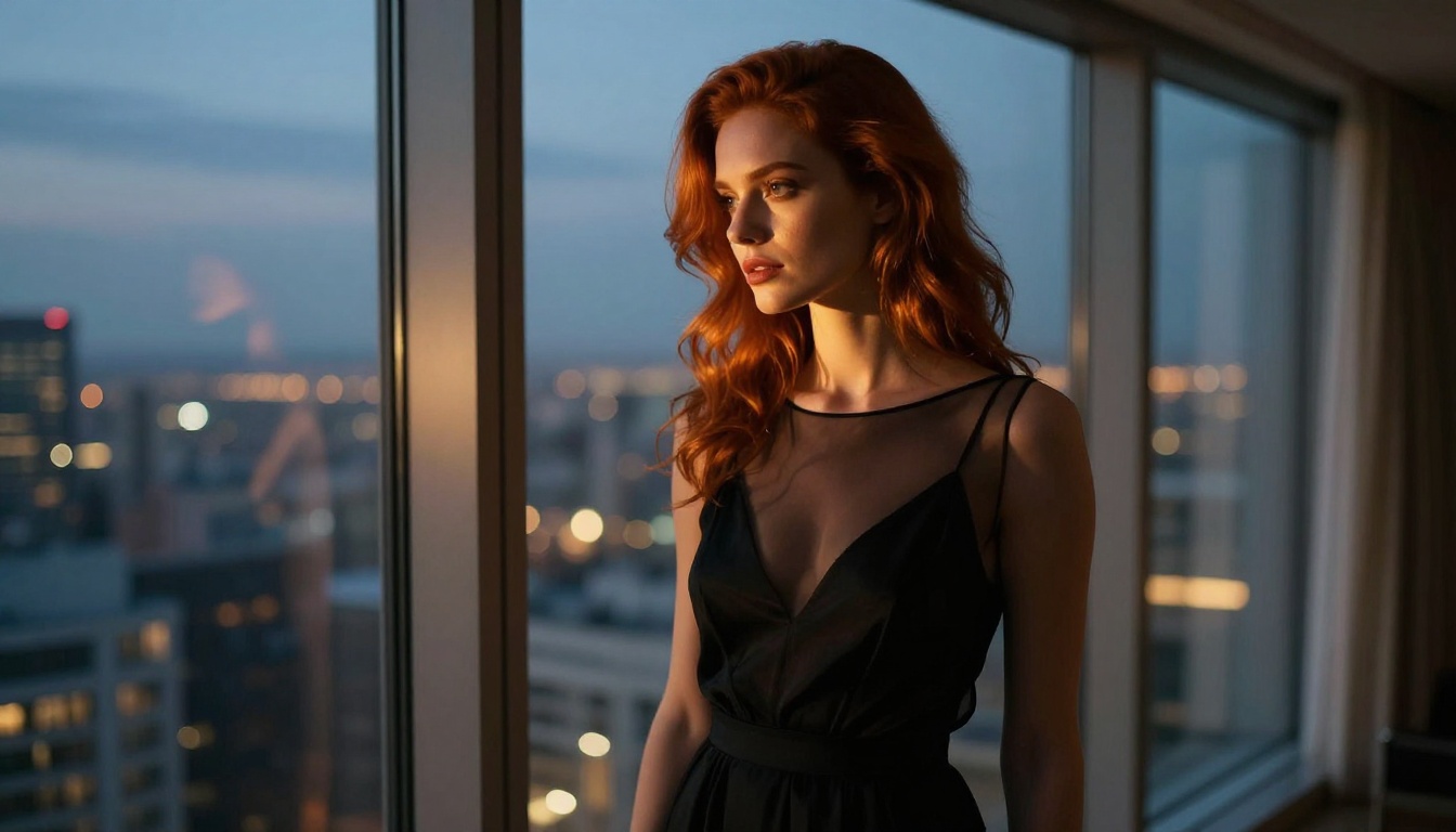 A redhead in an elegant sheer black dress standing before a penthouse window at dusk