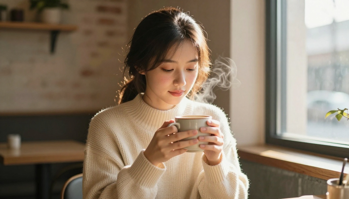 Woman in a cozy café, cream sweater Woman in a cozy café, cream sweater
