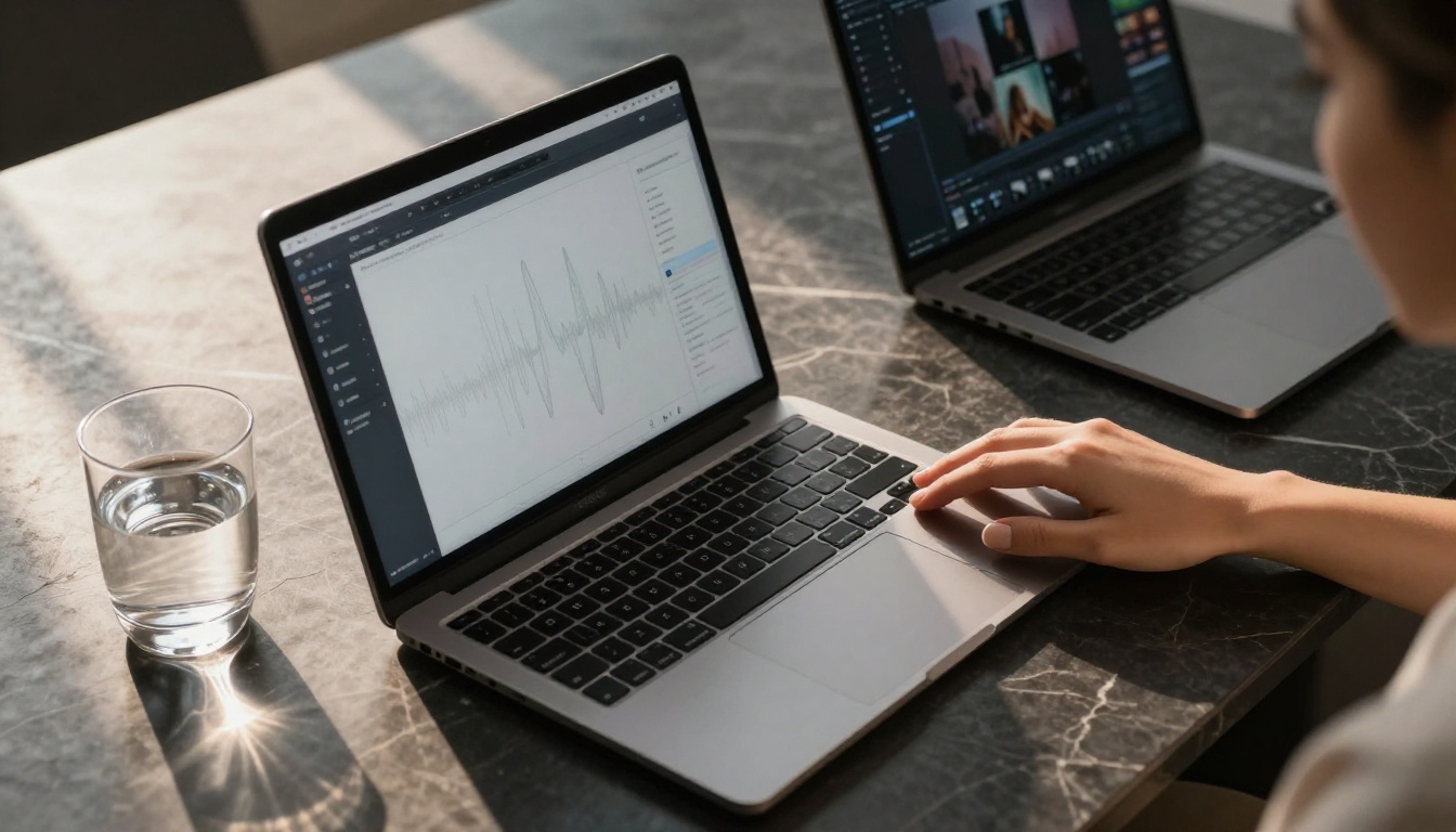 Two laptops side by side on a dark marble table with a woman's manicured hand on the keyboard