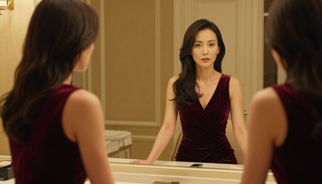 A sophisticated woman in a burgundy velvet gown at a luxury hotel vanity mirror