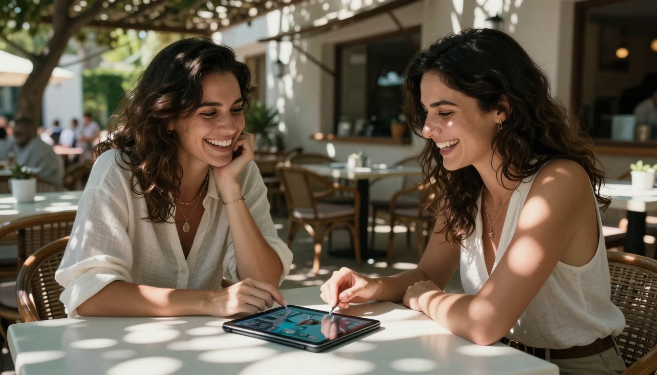 Two women laughing at an outdoor Mediterranean cafe with tablets showing AI generation interfaces