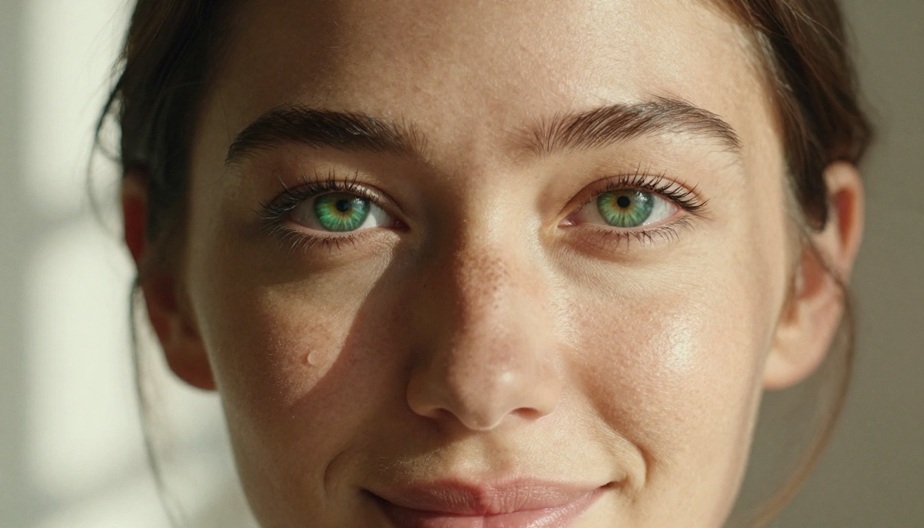 A close-up portrait of a woman with emerald green eyes, Rembrandt lighting, ultra-detailed skin texture