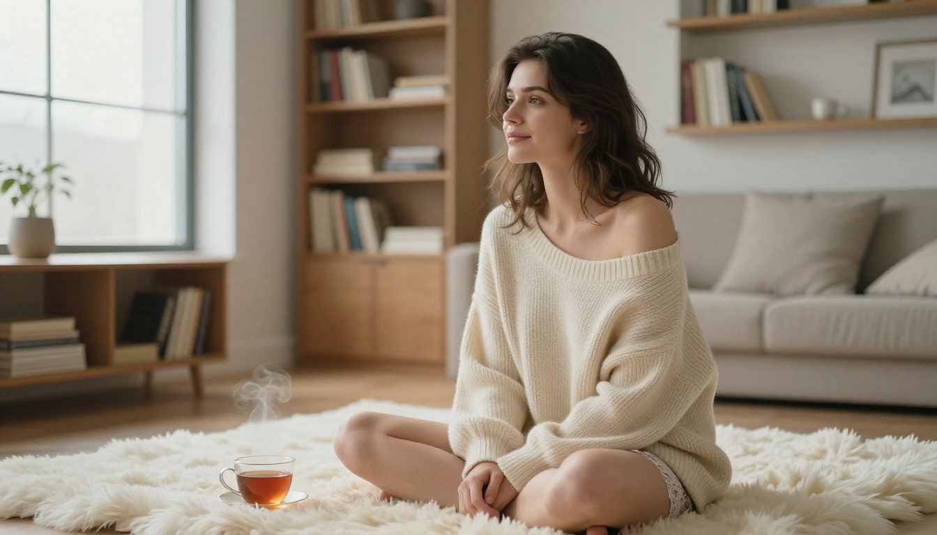 Woman in cream sweater on sheepskin rug, apartment Woman in cream sweater on sheepskin rug, apartment