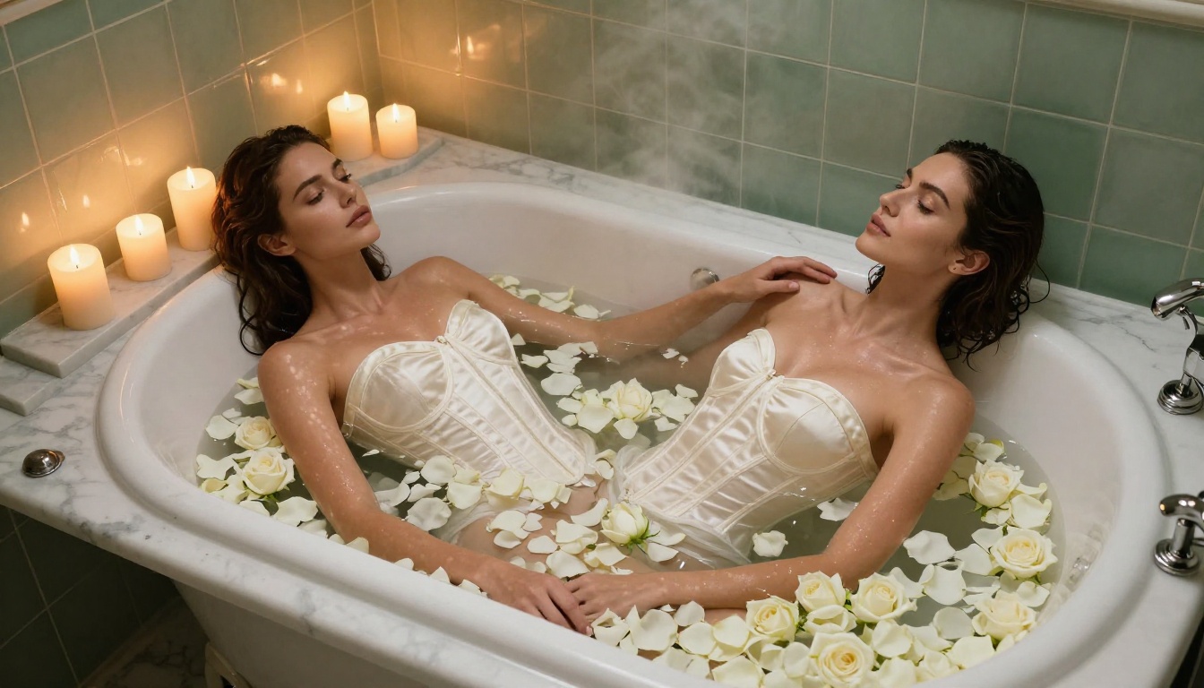 Elegant woman in luxury bath with rose petals Elegant woman in luxury bath with rose petals