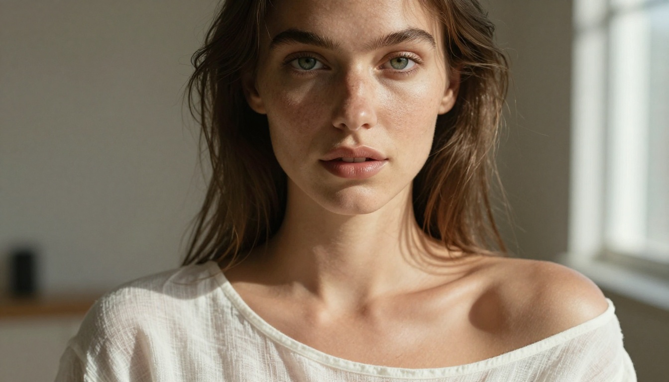 A woman with striking green eyes in natural sunlit studio lighting