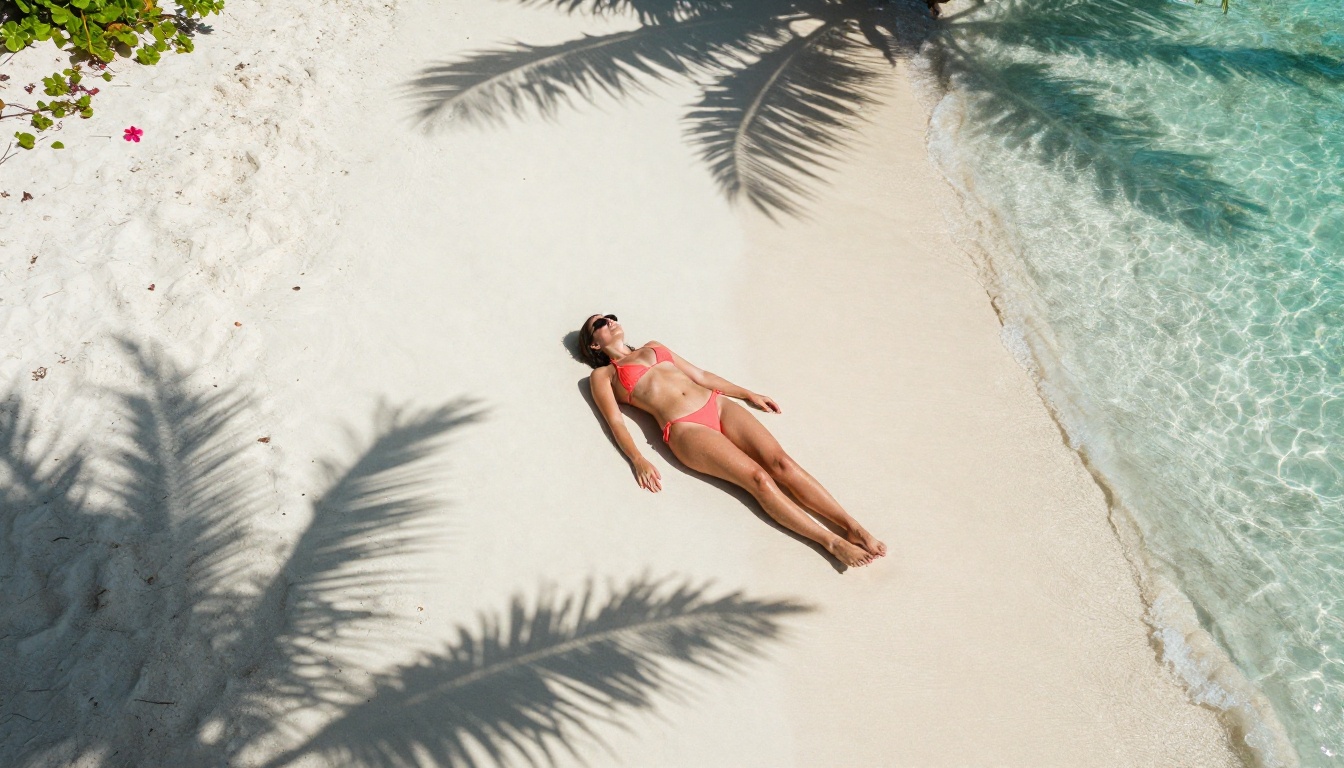 Aerial drone view of woman in coral bikini on a white sandy tropical beach