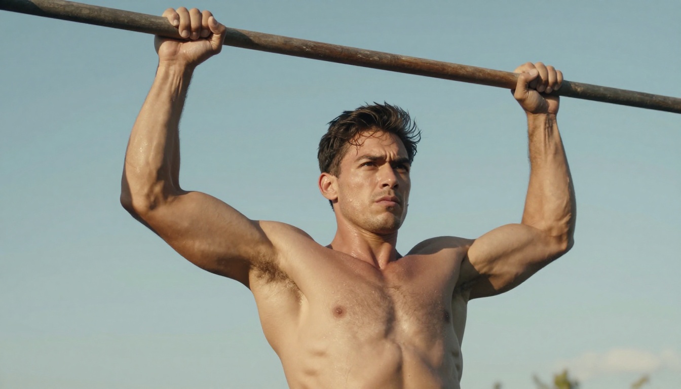 Athletic male performing pull-up on outdoor wooden bars showing back muscle definition and physical power Athletic male performing pull-up on outdoor wooden bars showing back muscle definition and physical power