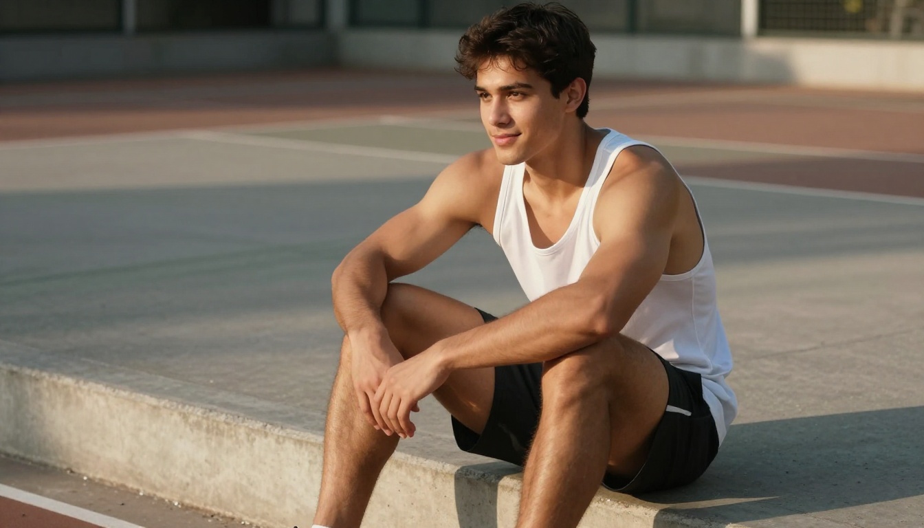 Athletic male character sitting with relaxed confidence on concrete gym step in warm afternoon light Athletic male character sitting with relaxed confidence on concrete gym step in warm afternoon light