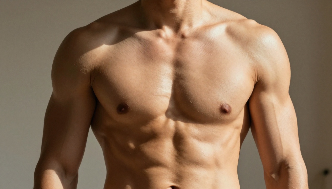 Athletic male torso showing pronounced V-taper and muscle definition under directional natural light Athletic male torso showing pronounced V-taper and muscle definition under directional natural light