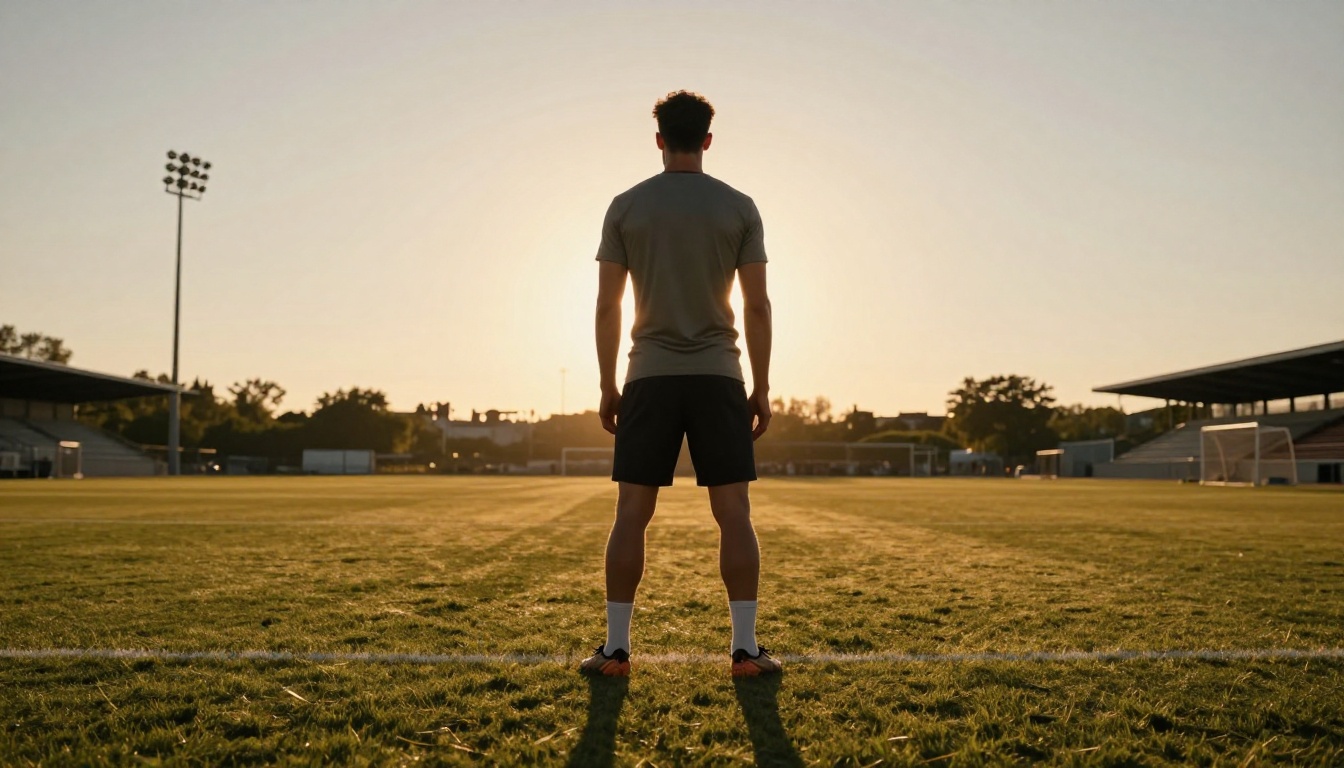 Athletic male at golden hour sports field with dramatic rim lighting creating silhouette effect Athletic male at golden hour sports field with dramatic rim lighting creating silhouette effect