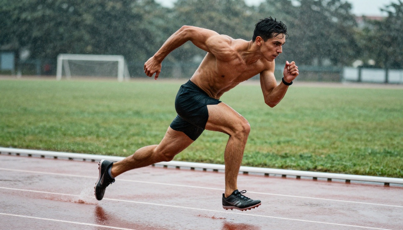 Athletic male sprinting on wet track in rain showing explosive power and physical determination Athletic male sprinting on wet track in rain showing explosive power and physical determination