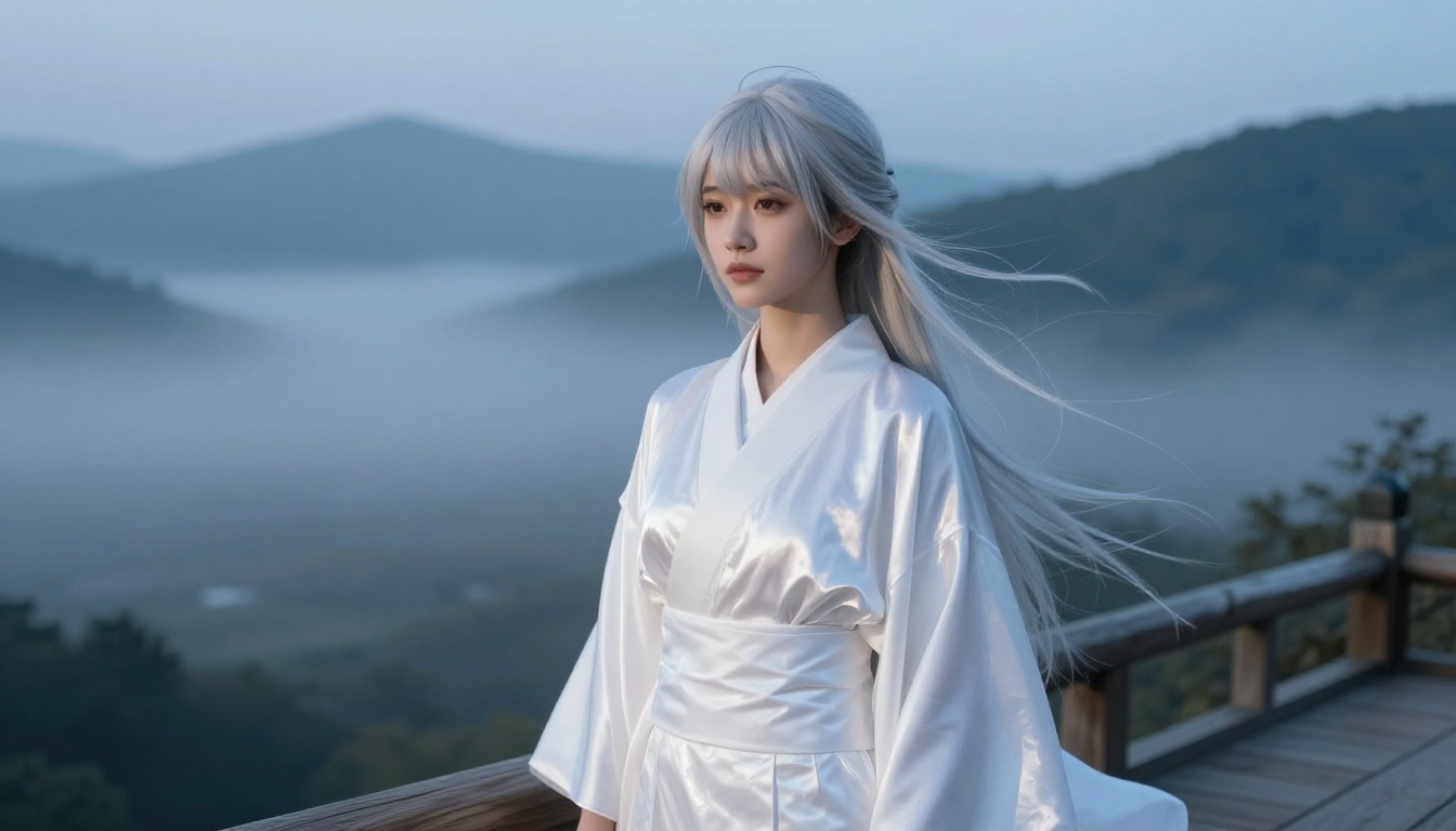 Full-body anime portrait on Japanese wooden deck at dawn